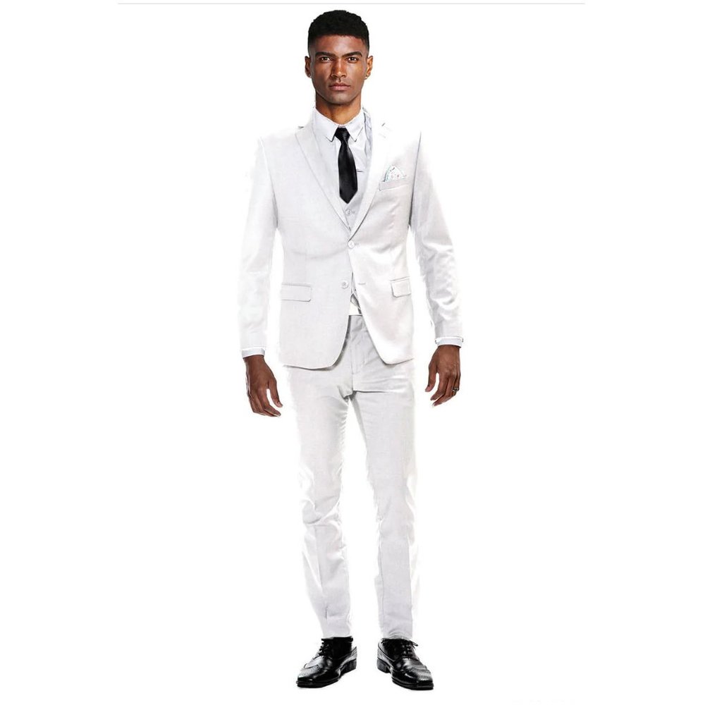 Men's 3-Piece Ultra Slim Fit White Suit 50L Jacket, 44W Pants V-Neck Vest